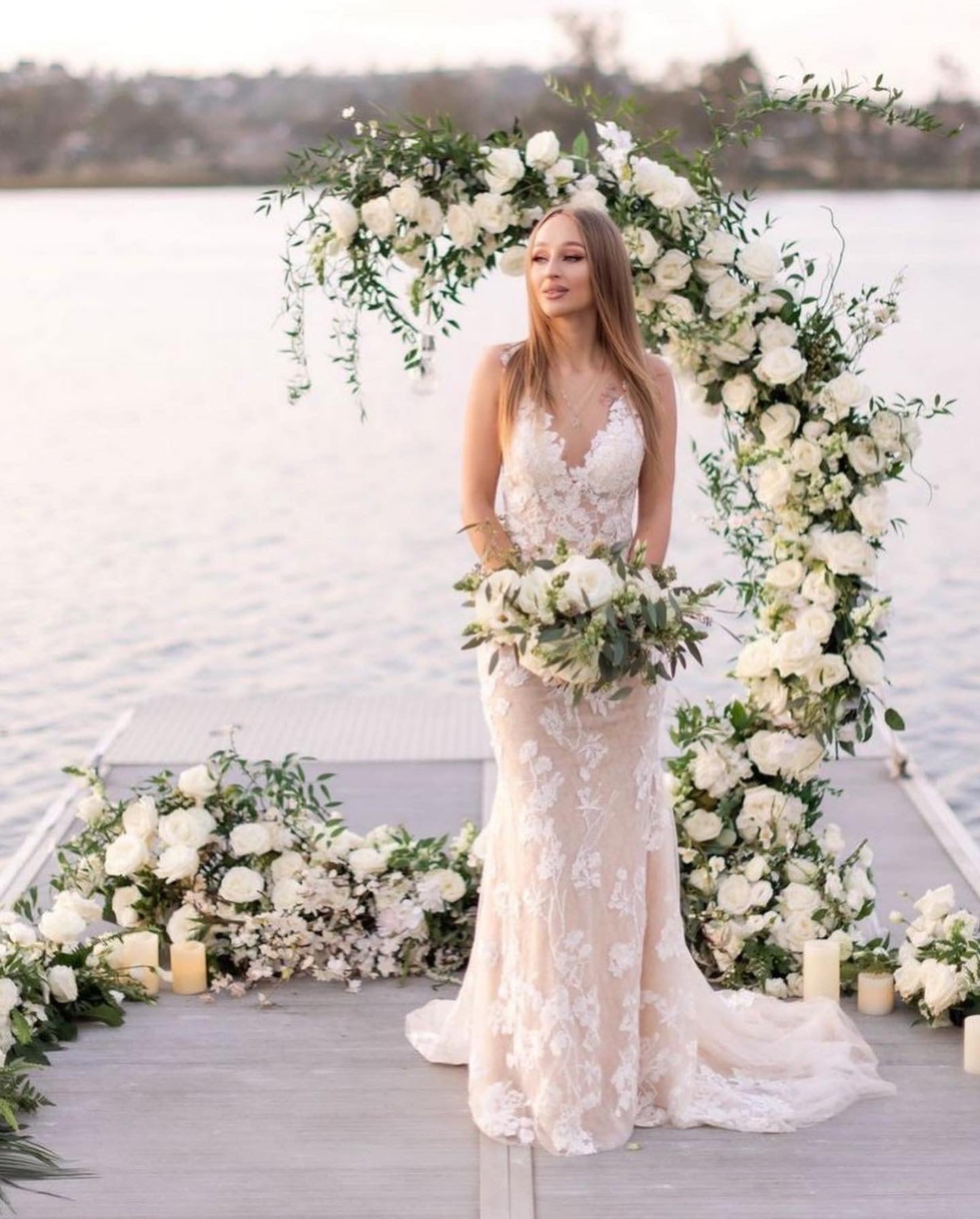 Anna Heart-Back Floral Mermaid Wedding Gown with Beaded Lace | Full Moon  Bridal