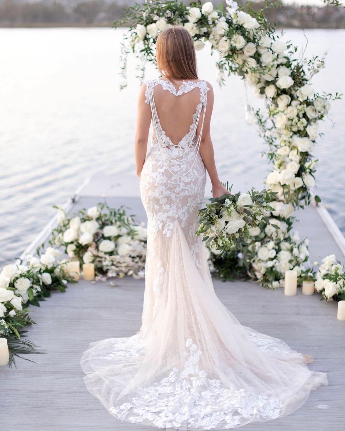 Anna Heart-Back Floral Mermaid Wedding Gown with Beaded Lace