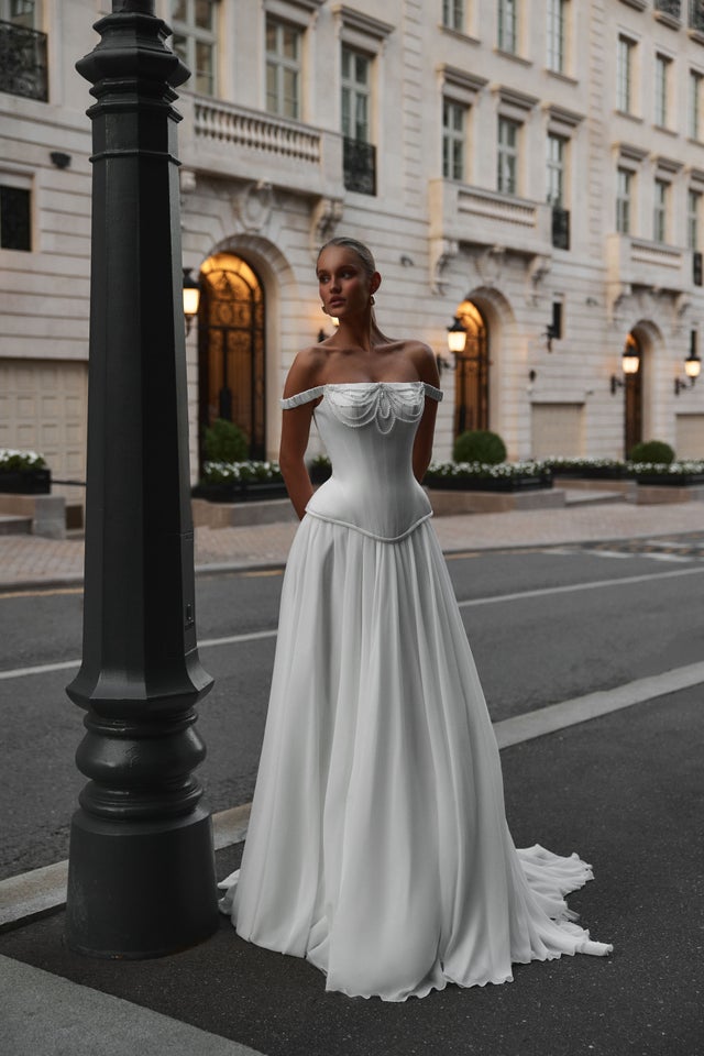 sachin and babi light blue dress A-Line Sleeveless Floor-Length Side-Draped Strapless Chiffon Wedding Dress  With Appliques And Corset Back main image 1