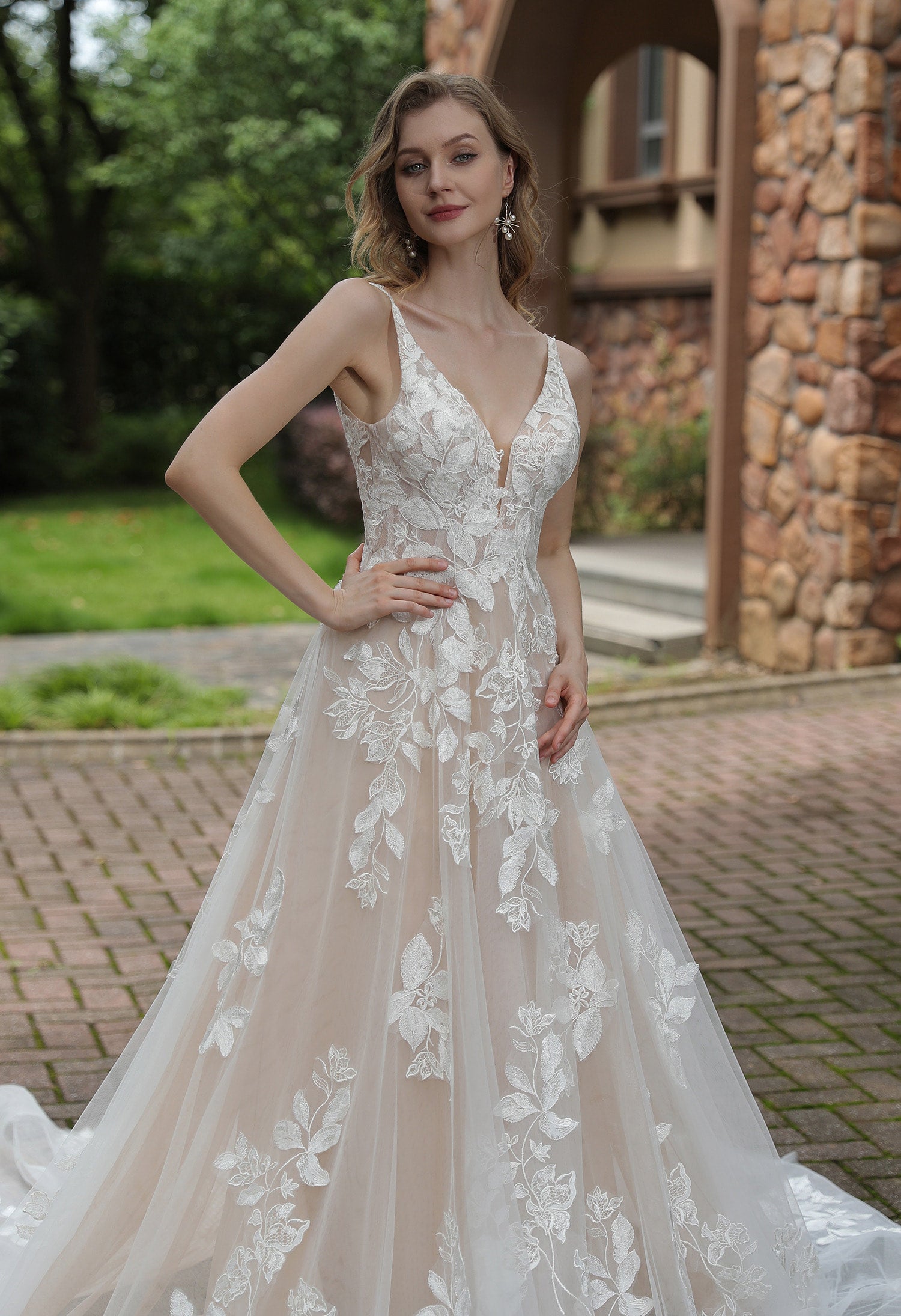 Monica V-Neck Floral A-Line Wedding Dress | Romantic Bridal Gown Monica V-Neck Floral A-Line Wedding Dress | Romantic Bridal Gown