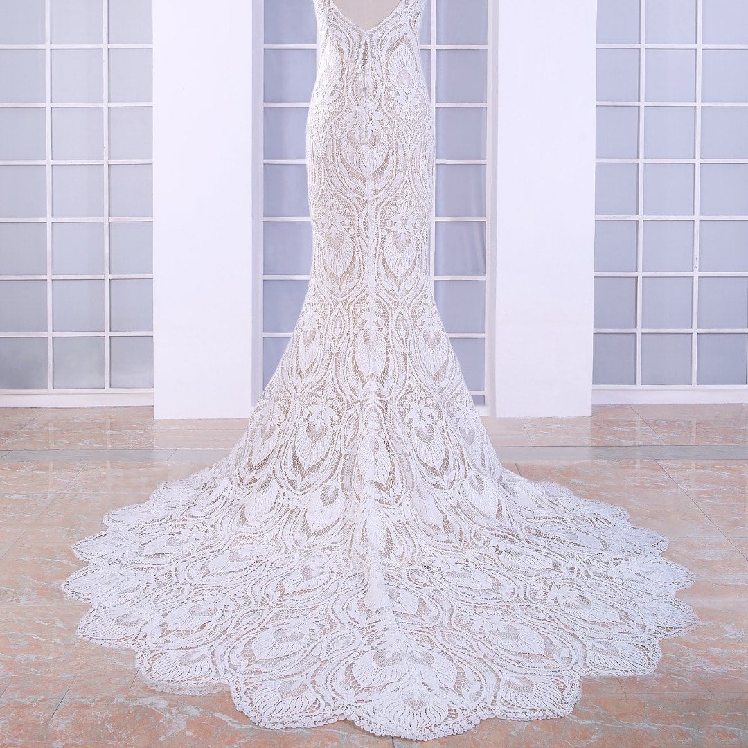 Dana Boho Mermaid Gown | Lace Wedding Dress with Peacock Feathers