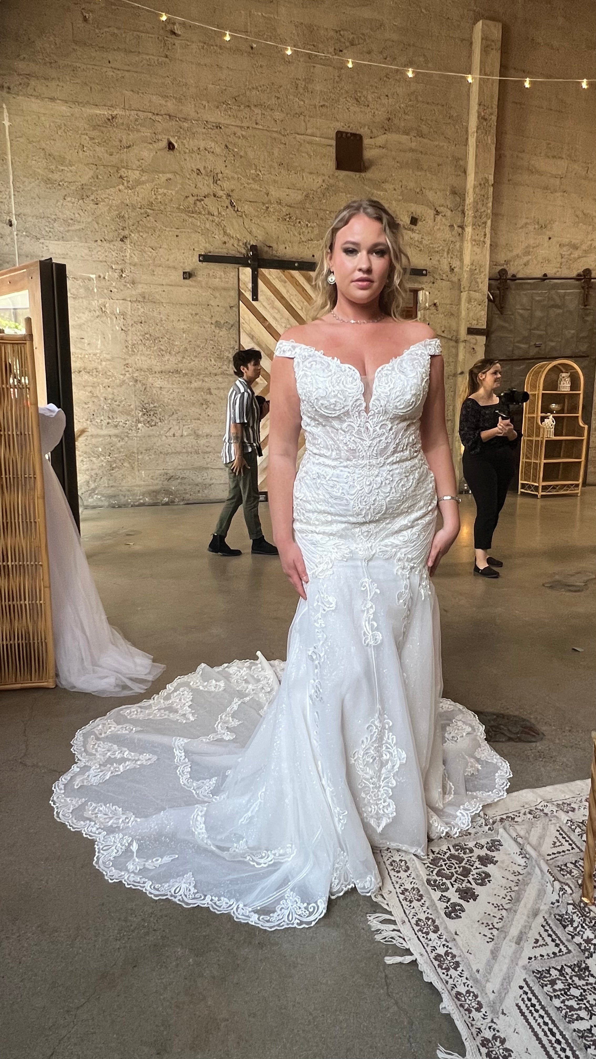 fitted lace wedding dress Boho Mermaid Lace Bridal Gown with Off-The-Shoulder Bell Sleeves 22 main image 1